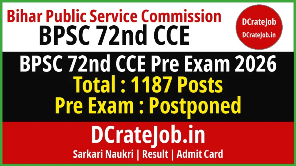 BPSC 72nd CCE Pre Exam 2026 Postponed 1187 Posts