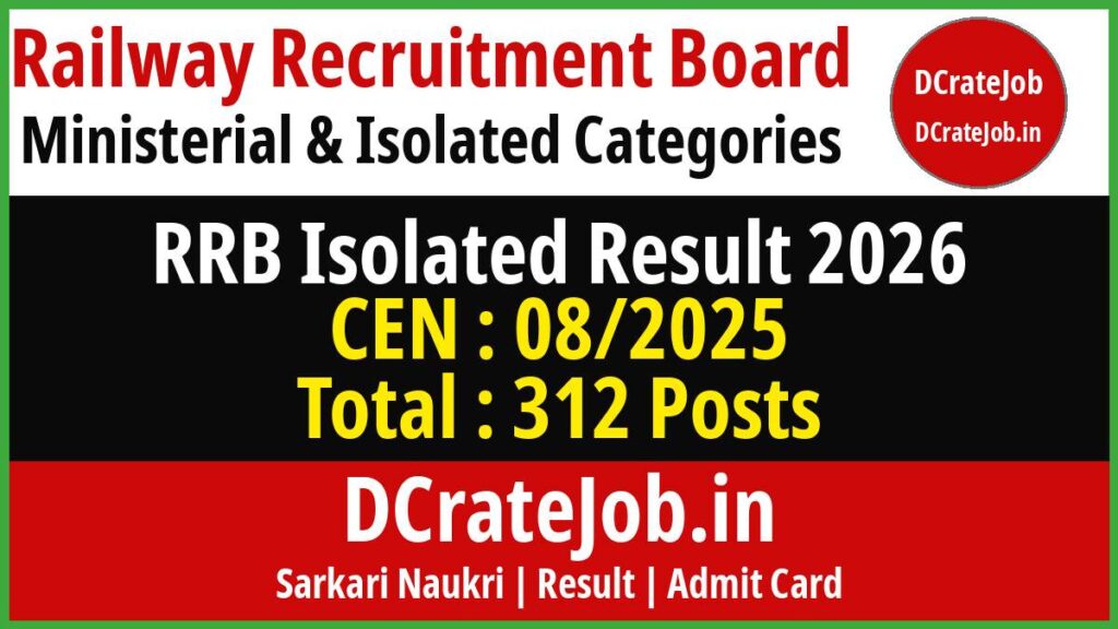 RRB Isolated Categories CEN 08/2025 Result 2026 check score card PDF